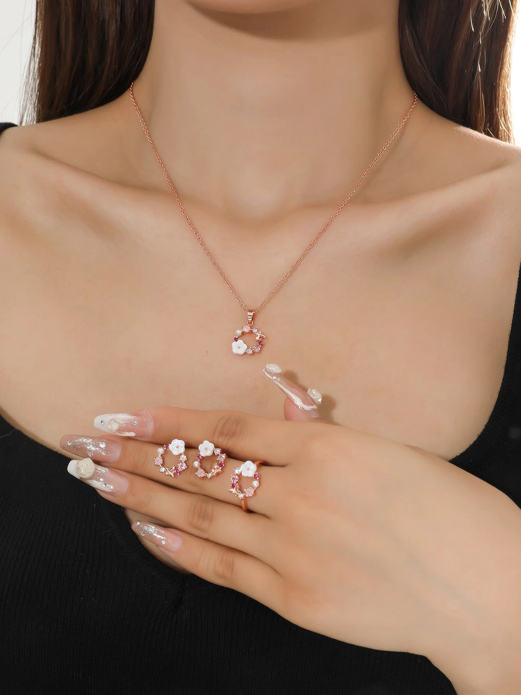 4pcs Rose Gold Cubic Zirconia Flower & Pearl Necklace, Earrings, Ring Set For Women