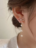 1 Pair Golden Cute Elegant Fashion Bow Tassel Front & Back Wear Earrings, Suitable For Women's Daily & Holiday Wear