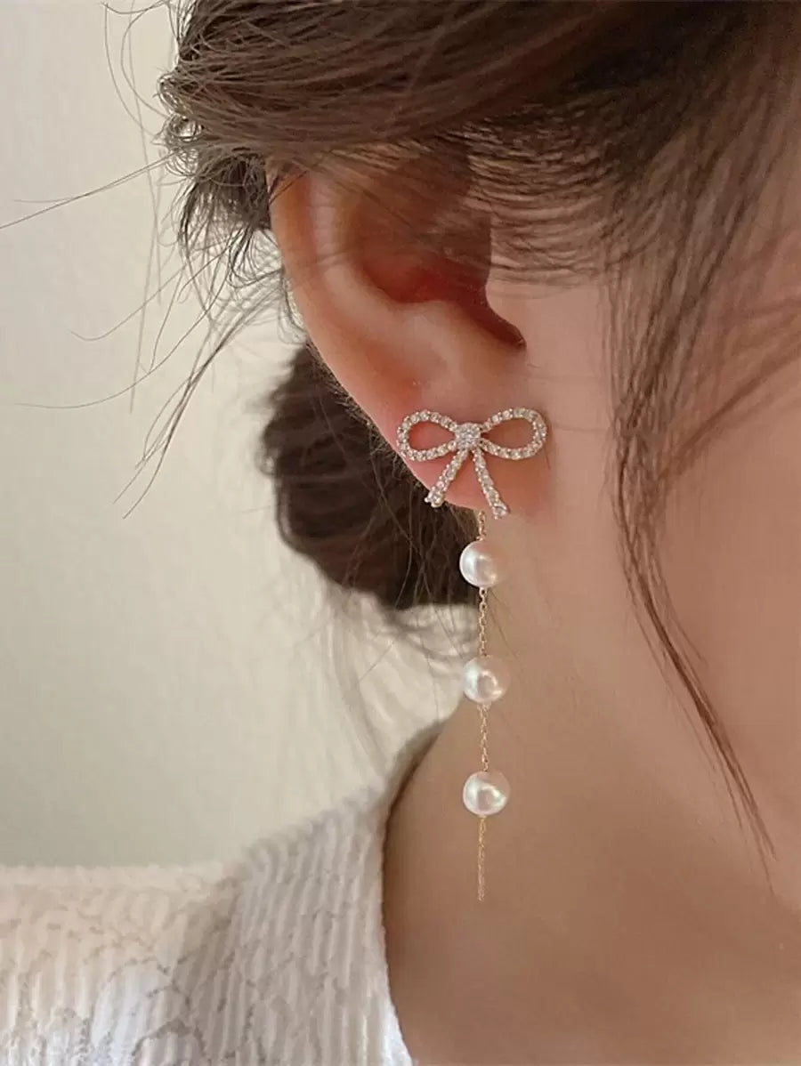 1 Pair Golden Cute Elegant Fashion Bow Tassel Front & Back Wear Earrings, Suitable For Women's Daily & Holiday Wear