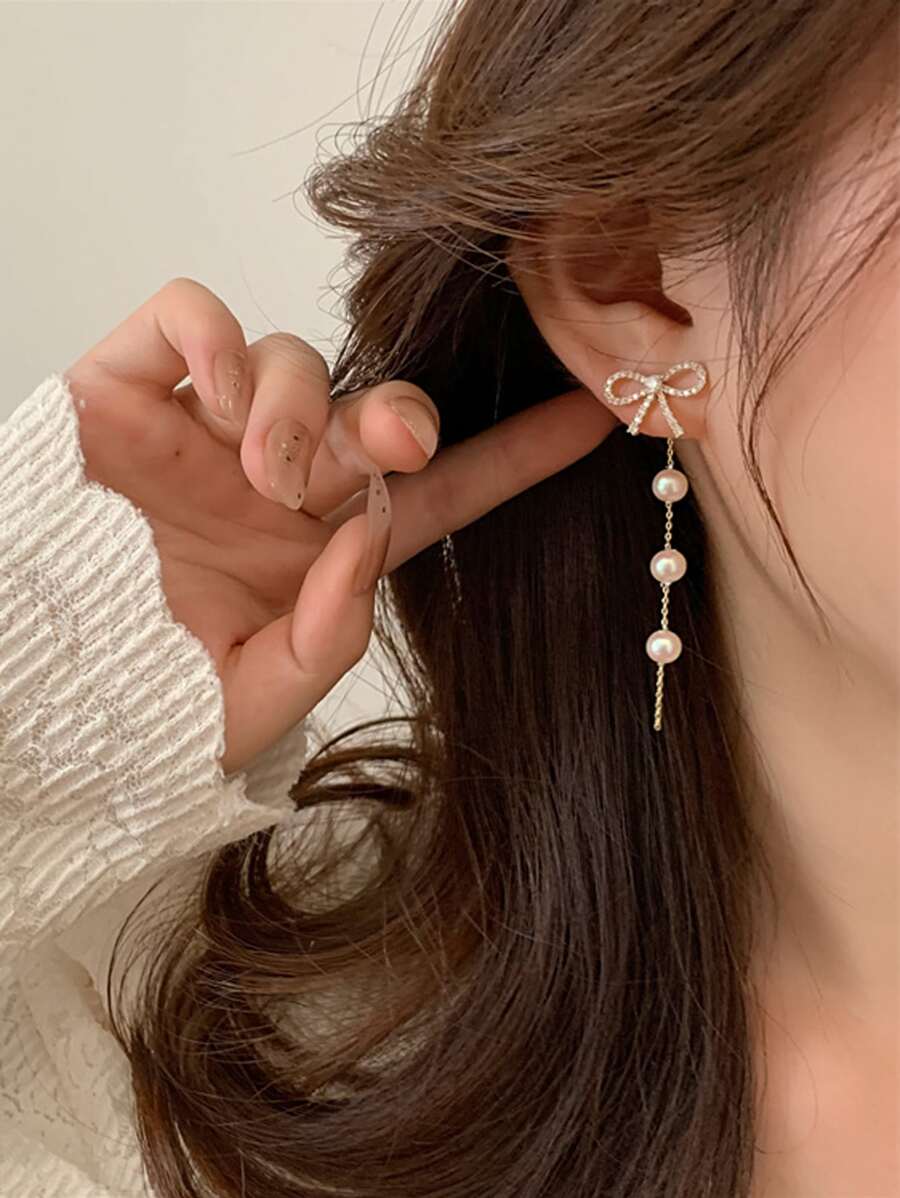 1 Pair Golden Cute Elegant Fashion Bow Tassel Front & Back Wear Earrings, Suitable For Women's Daily & Holiday Wear