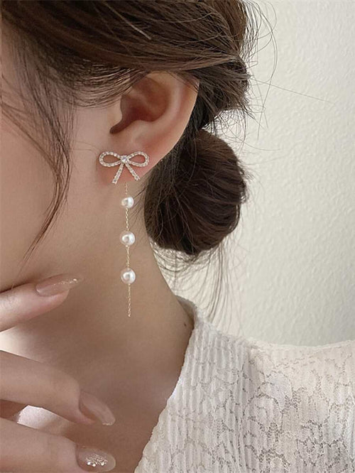 1 Pair Golden Cute Elegant Fashion Bow Tassel Front & Back Wear Earrings, Suitable For Women's Daily & Holiday Wear