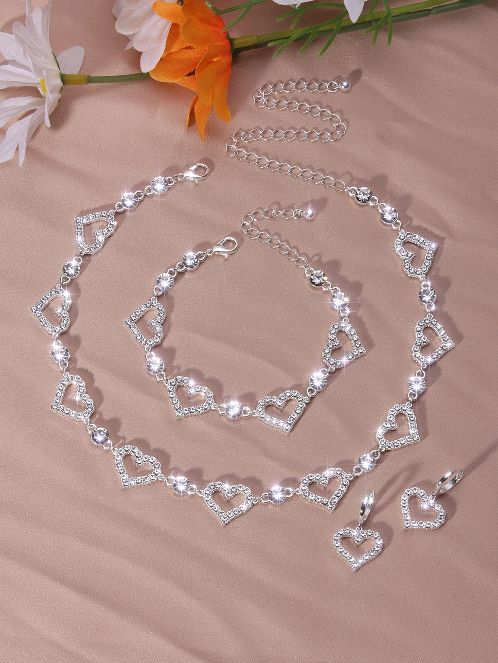 Full Shiny Rhinestones Jewelry Set Hollow Heart Shape Beads Choker Necklace & Dangle Earrings & Chain Bracelet Adjustable Jewelry Accessories Valentine's Day Gift