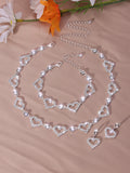 Full Shiny Rhinestones Jewelry Set Hollow Heart Shape Beads Choker Necklace & Dangle Earrings & Chain Bracelet Adjustable Jewelry Accessories Valentine's Day Gift