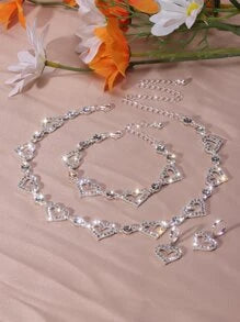 Full Shiny Rhinestones Jewelry Set Hollow Heart Shape Beads Choker Necklace & Dangle Earrings & Chain Bracelet Adjustable Jewelry Accessories Valentine's Day Gift