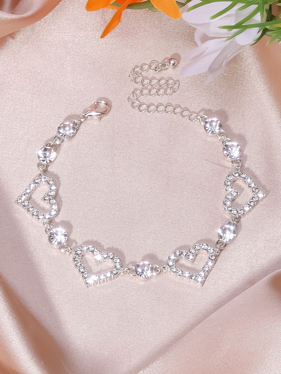 Full Shiny Rhinestones Jewelry Set Hollow Heart Shape Beads Choker Necklace & Dangle Earrings & Chain Bracelet Adjustable Jewelry Accessories Valentine's Day Gift