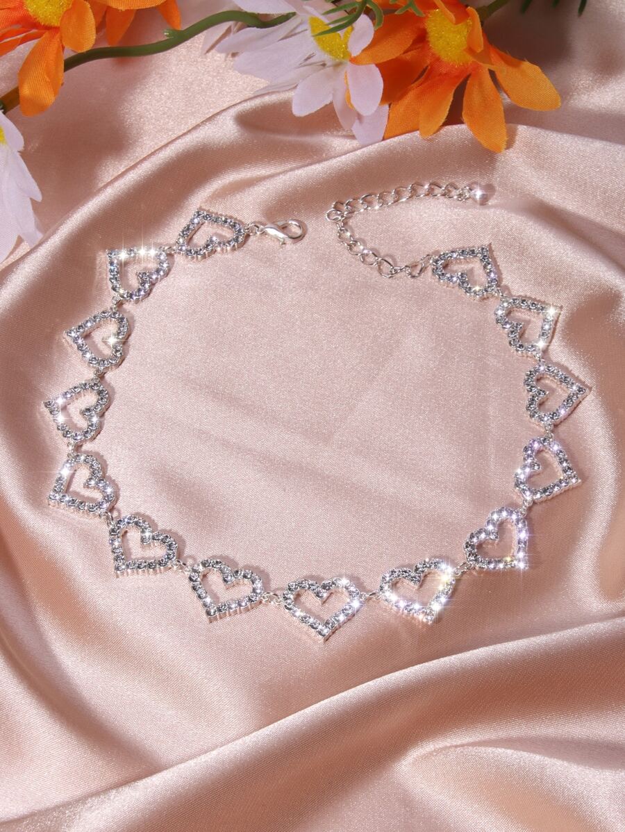 Full Shiny Rhinestones Jewelry Set Hollow Heart Shape Beads Choker Necklace & Dangle Earrings & Chain Bracelet Adjustable Jewelry Accessories Valentine's Day Gift
