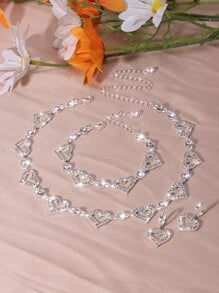 Full Shiny Rhinestones Jewelry Set Hollow Heart Shape Beads Choker Necklace & Dangle Earrings & Chain Bracelet Adjustable Jewelry Accessories Valentine's Day Gift