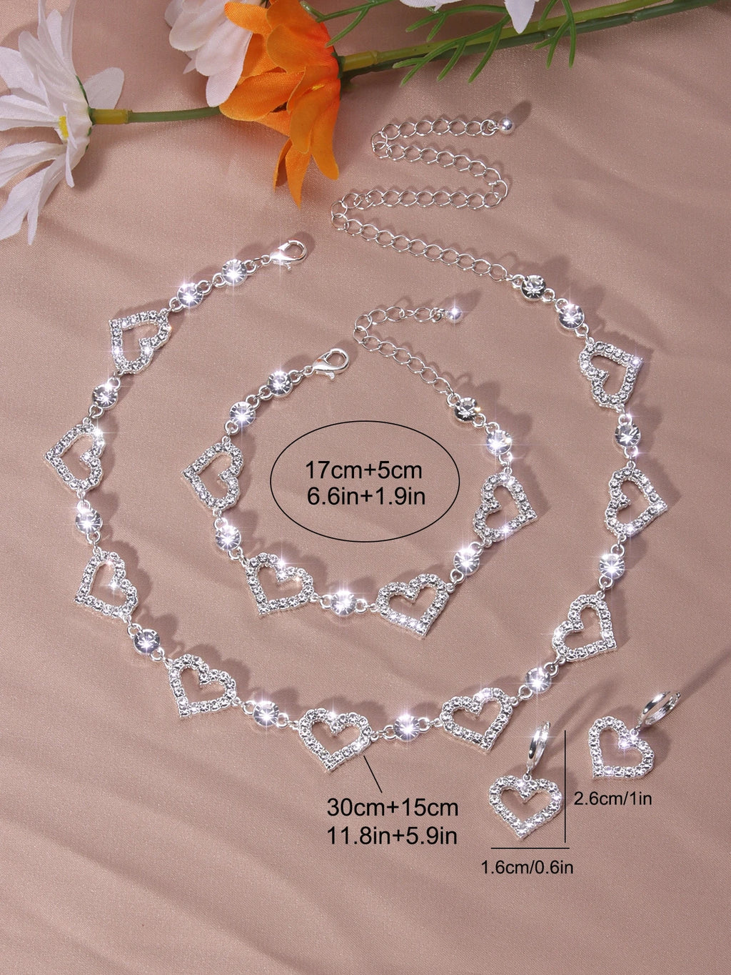Full Shiny Rhinestones Jewelry Set Hollow Heart Shape Beads Choker Necklace & Dangle Earrings & Chain Bracelet Adjustable Jewelry Accessories Valentine's Day Gift