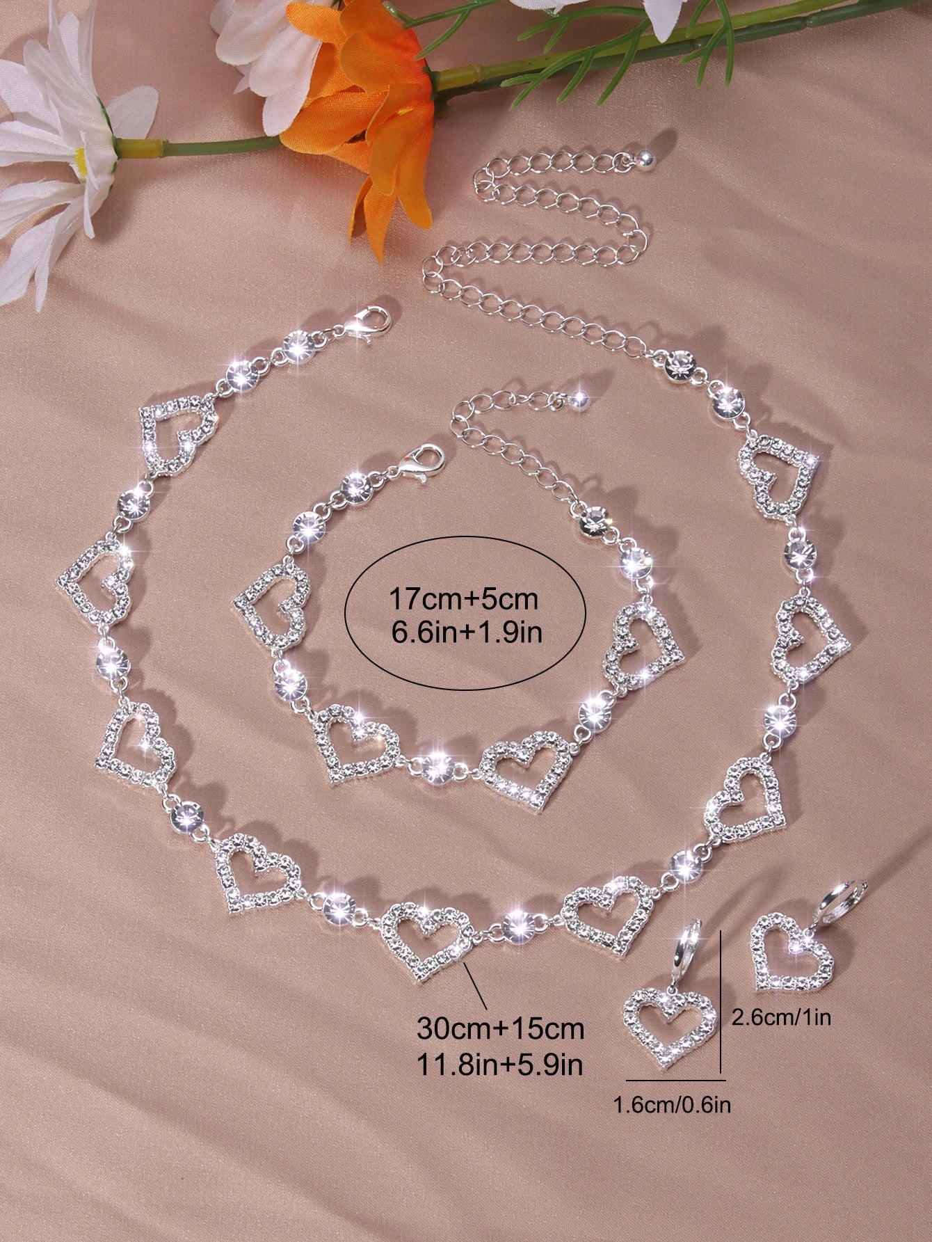 Full Shiny Rhinestones Jewelry Set Hollow Heart Shape Beads Choker Necklace & Dangle Earrings & Chain Bracelet Adjustable Jewelry Accessories Valentine's Day Gift
