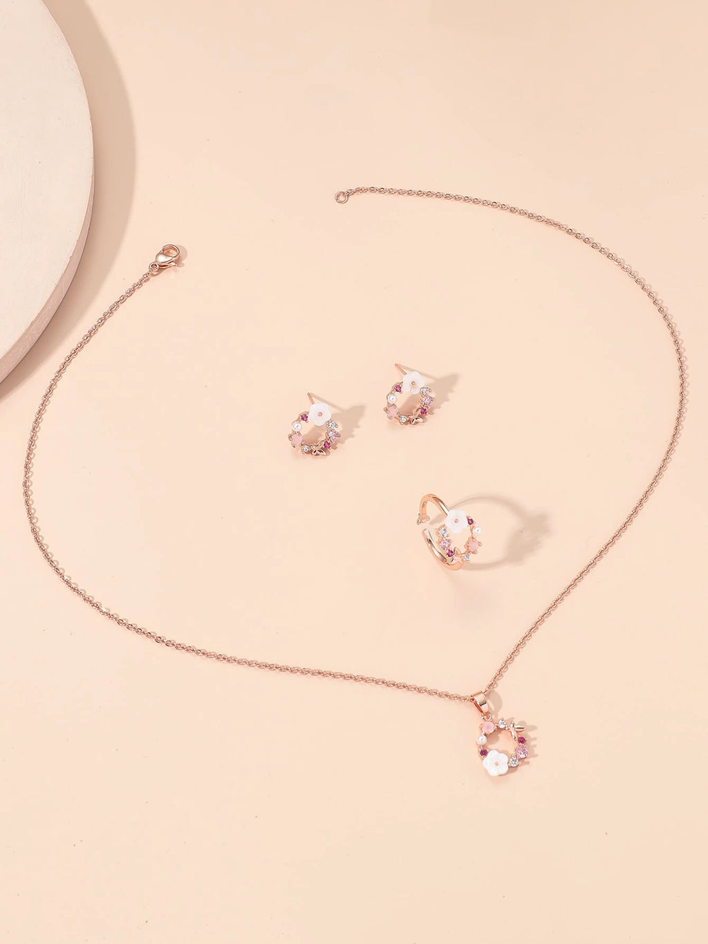 4pcs Rose Gold Cubic Zirconia Flower & Pearl Necklace, Earrings, Ring Set For Women