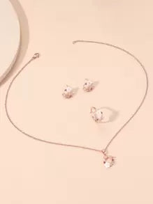 4pcs Rose Gold Cubic Zirconia Flower & Pearl Necklace, Earrings, Ring Set For Women