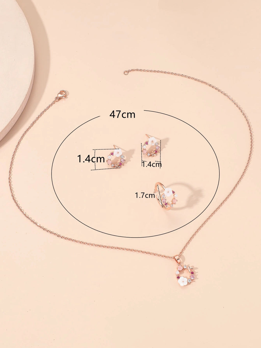 4pcs Rose Gold Cubic Zirconia Flower & Pearl Necklace, Earrings, Ring Set For Women