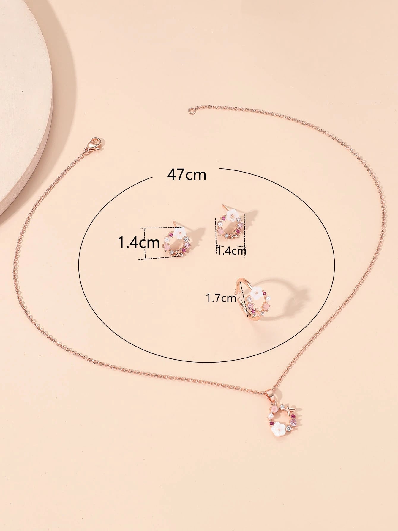 4pcs Rose Gold Cubic Zirconia Flower & Pearl Necklace, Earrings, Ring Set For Women