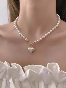 1pc Faux Pearl Heart Pendant Necklace .