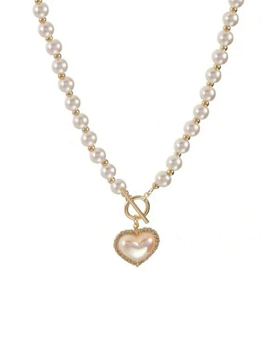 1pc Faux Pearl Heart Pendant Necklace .