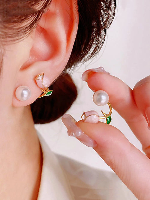 1 Pair Pink Tulip Earrings, 2 Stud Earrings, Petite & Fashionable, Sweet & Elegant .