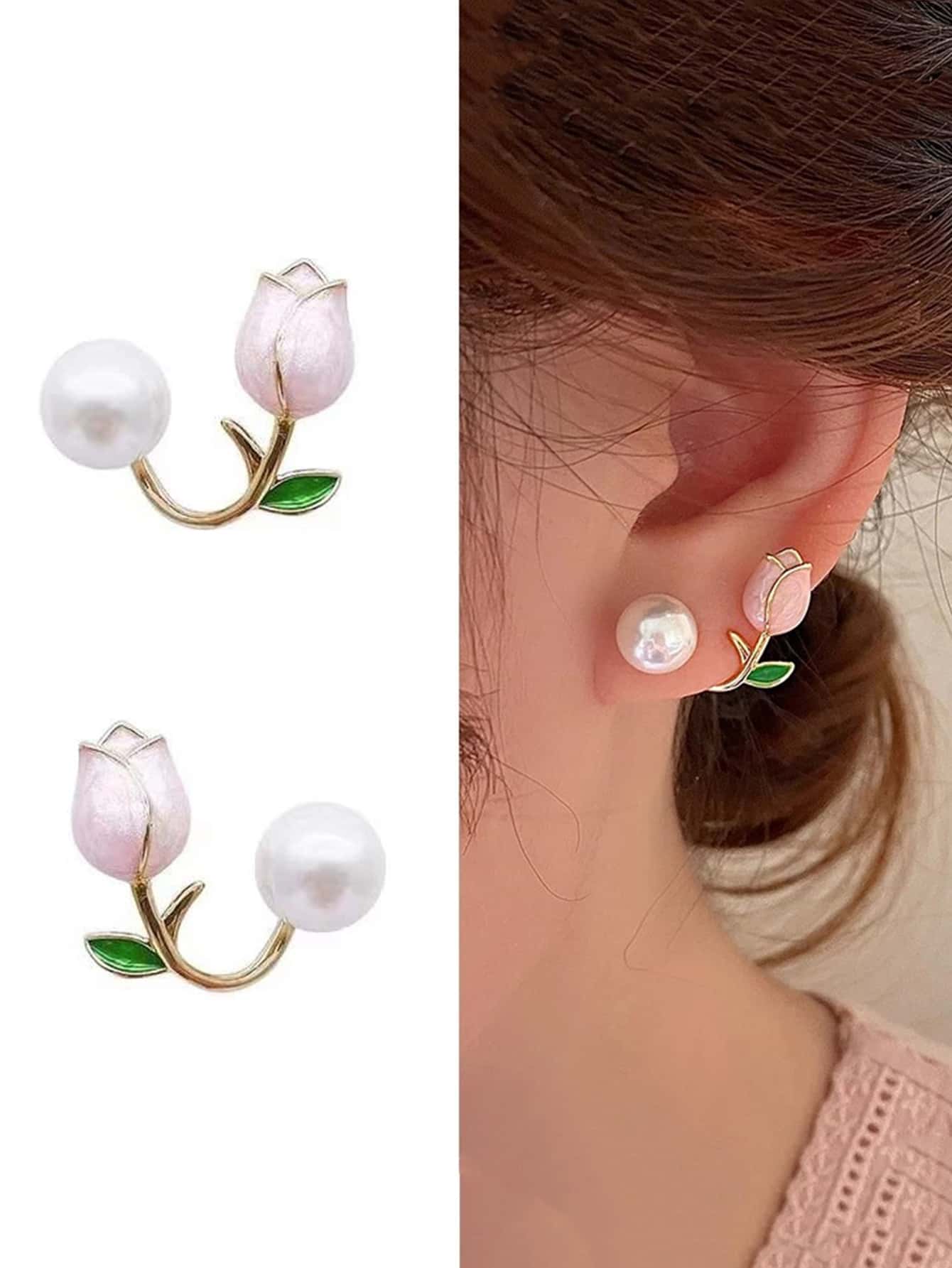 1 Pair Pink Tulip Earrings, 2 Stud Earrings, Petite & Fashionable, Sweet & Elegant .