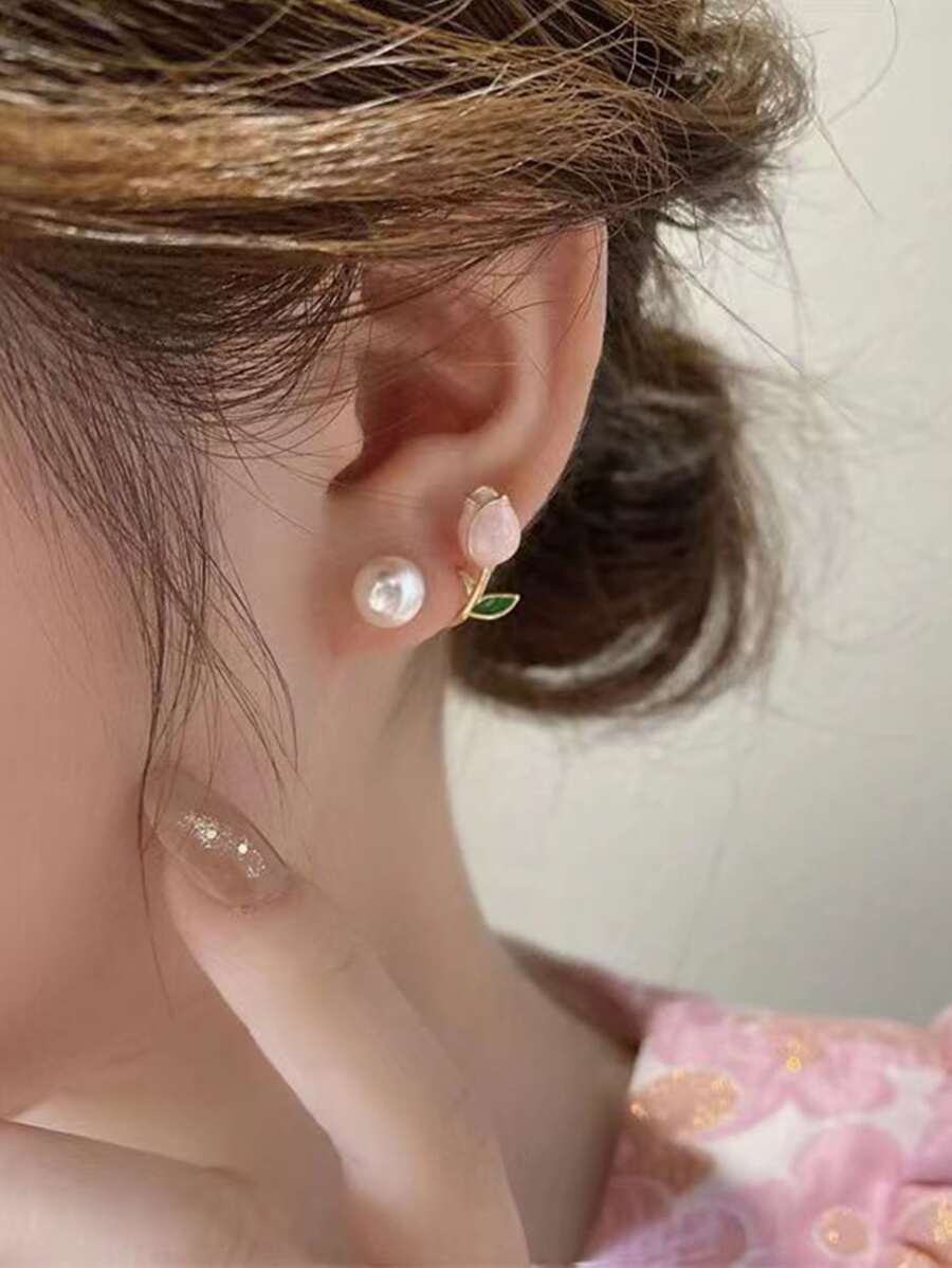 1 Pair Pink Tulip Earrings, 2 Stud Earrings, Petite & Fashionable, Sweet & Elegant .