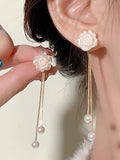 1pair White Flower, Faux Pearl & Tassel Decor Drop Earrings For Wedding Boho  Accessories  .