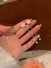 1pair White Flower, Faux Pearl & Tassel Decor Drop Earrings For Wedding Boho  Accessories  .