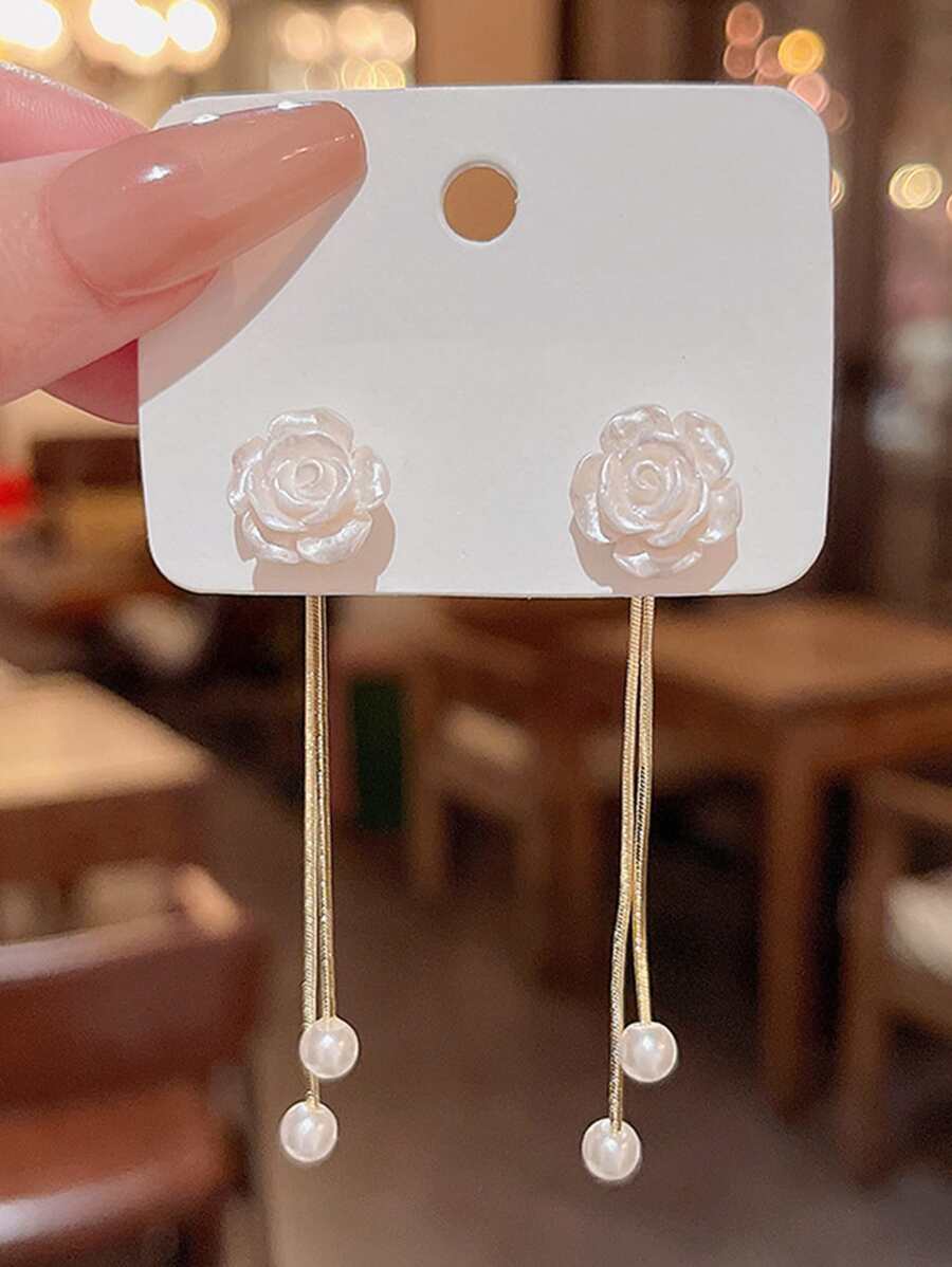 1pair White Flower, Faux Pearl & Tassel Decor Drop Earrings For Wedding Boho  Accessories  .