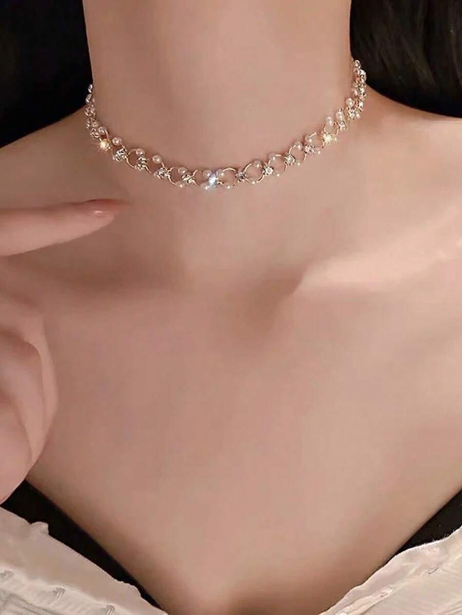 1pc Faux Pearl Beaded Necklace, Faux Pearl Short Braided Necklace, Anniversary Gift Faux Pearl Necklace, Collarbone Chain, Bridesmaid Gift, Wedding