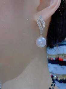 1pair Elegant Dangle Earrings With Gold Plating, Shiny Rhinestones And Milk White Faux Pearls, Applicable For Wedding & Engagement, Daily Wear