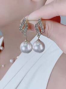 1pair Elegant Dangle Earrings With Gold Plating, Shiny Rhinestones And Milk White Faux Pearls, Applicable For Wedding & Engagement, Daily Wear