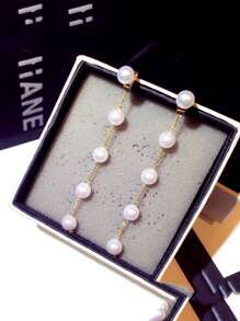 1pair Chain & Pearl Decor Long Earrings