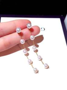 1pair Chain & Pearl Decor Long Earrings