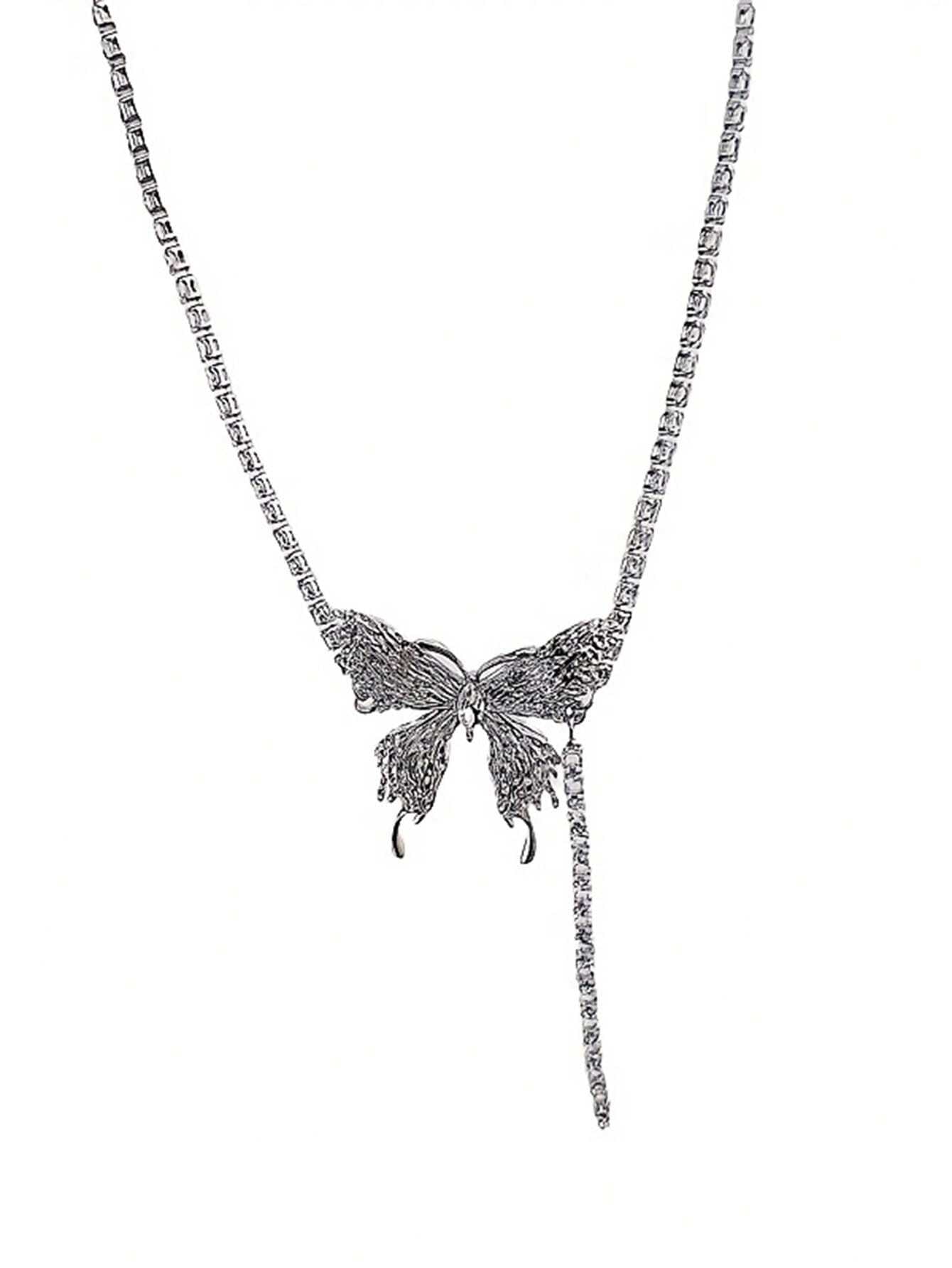 CVNANA 1pc Eye-Catching Y2K-Inspired Butterfly Tassel Choker – Glamorous Rhinestone Party Necklace For Fashionable Teens