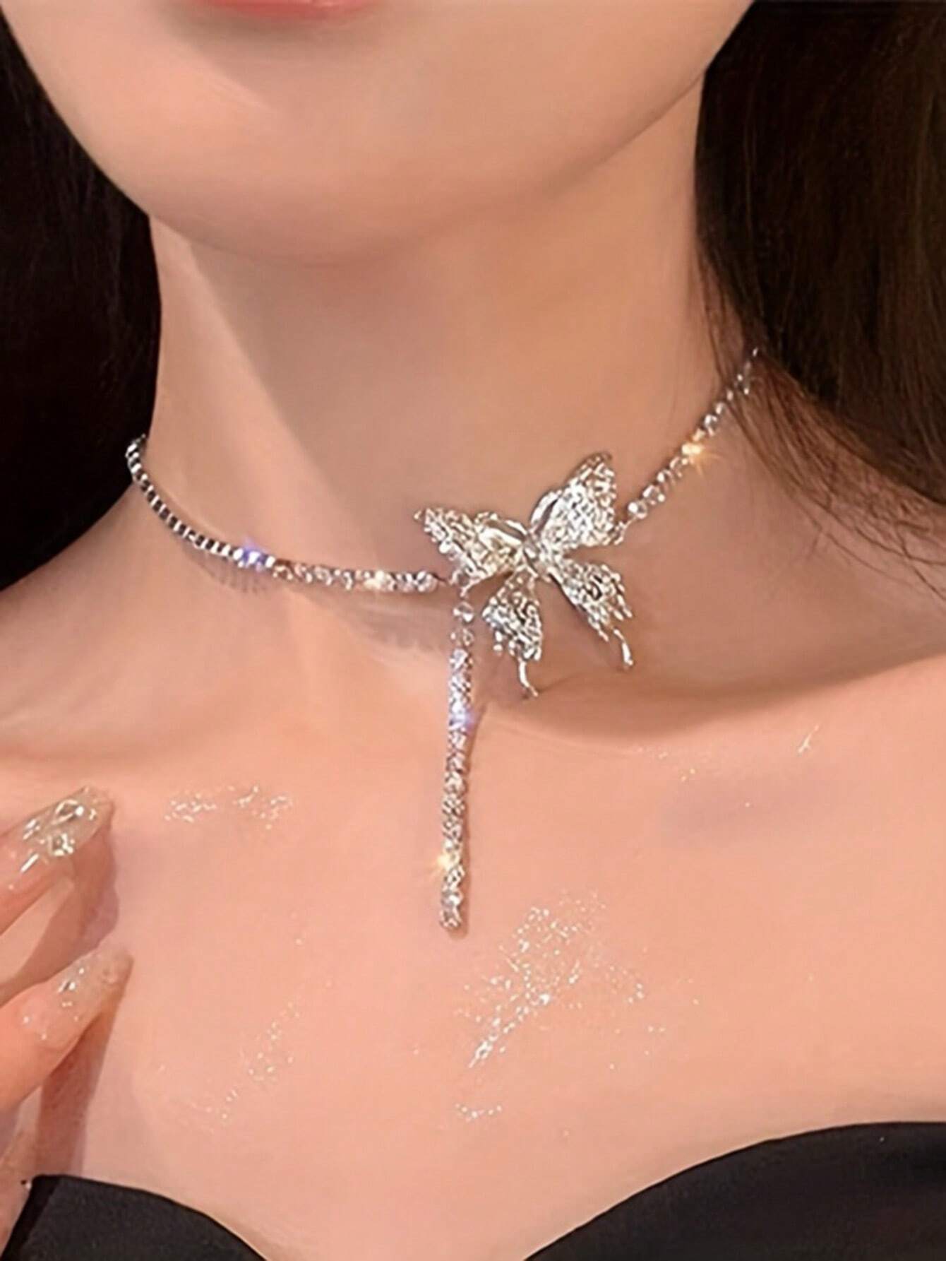 CVNANA 1pc Eye-Catching Y2K-Inspired Butterfly Tassel Choker – Glamorous Rhinestone Party Necklace For Fashionable Teens