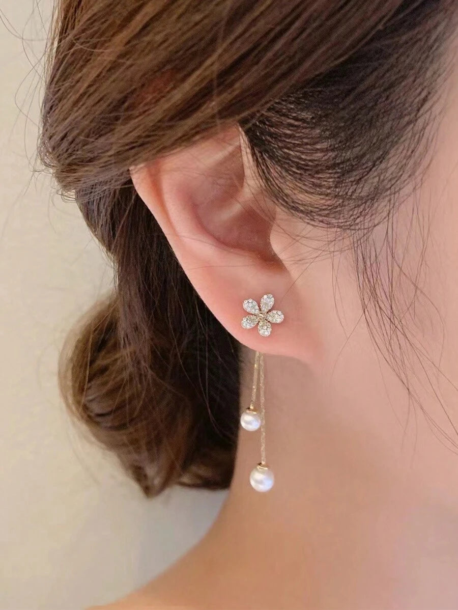 1 Pair Sparkle Of Two Faux Pearl Zirconia Flower Earrings, Tassel Pearl Earrings, Long And Elegant Earrings