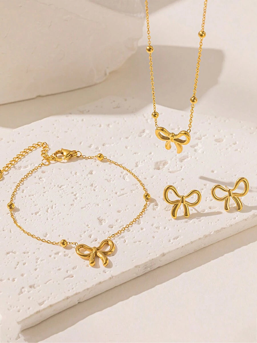 New Bowknot Stainless Steel Necklace + Bracelet + Earrings Set Women Fashion Minimalist Jewelry Set Suitable For Daily Wear