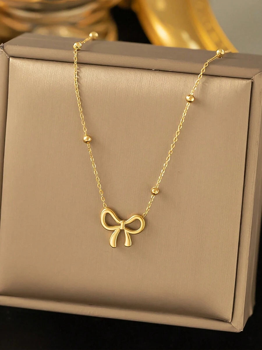 New Bowknot Stainless Steel Necklace + Bracelet + Earrings Set Women Fashion Minimalist Jewelry Set Suitable For Daily Wear
