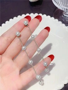 1pair Chain & Pearl Decor Long Earrings