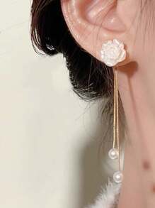 1pair White Flower, Faux Pearl & Tassel Decor Drop Earrings For Wedding Boho  Accessories  .