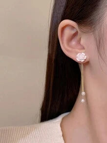1pair White Flower, Faux Pearl & Tassel Decor Drop Earrings For Wedding Boho  Accessories  .
