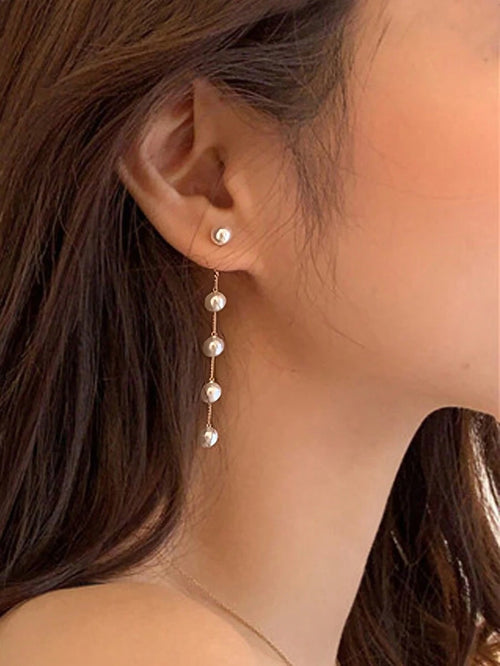 1pair Chain & Pearl Decor Long Earrings