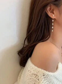 1pair Chain & Pearl Decor Long Earrings
