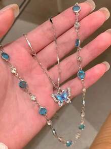 2pcs/Set Blue Crystal Butterfly Necklace, Women/Girls Double Layer Choker Necklace Jewelry Gift