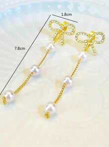 1 Pair Golden Cute Elegant Fashion Bow Tassel Front & Back Wear Earrings, Suitable For Women's Daily & Holiday Wear