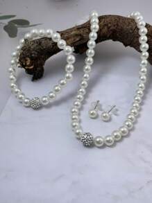 3pcs/Set Creative Faux Pearl Necklace + Bracelet + Earrings Jewelry Set, Bride Accessories