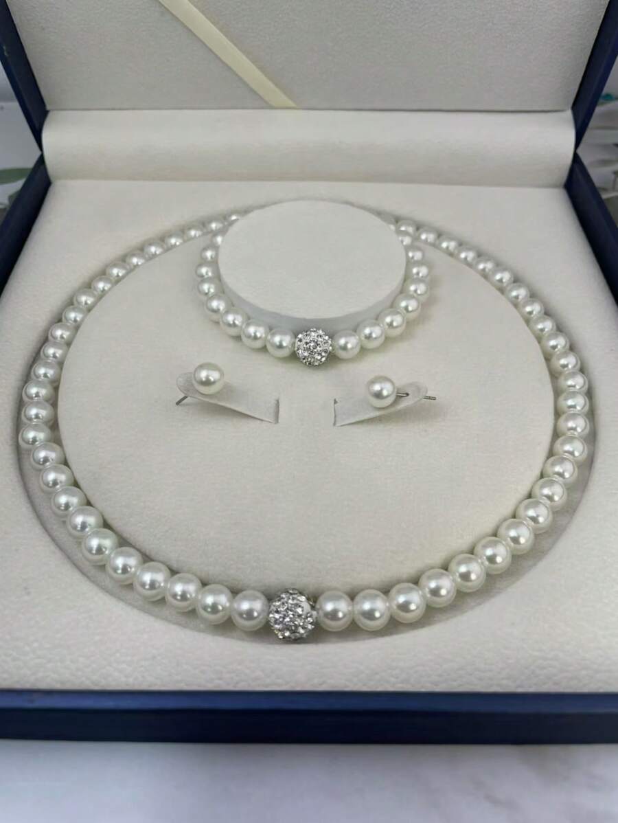 3pcs/Set Creative Faux Pearl Necklace + Bracelet + Earrings Jewelry Set, Bride Accessories