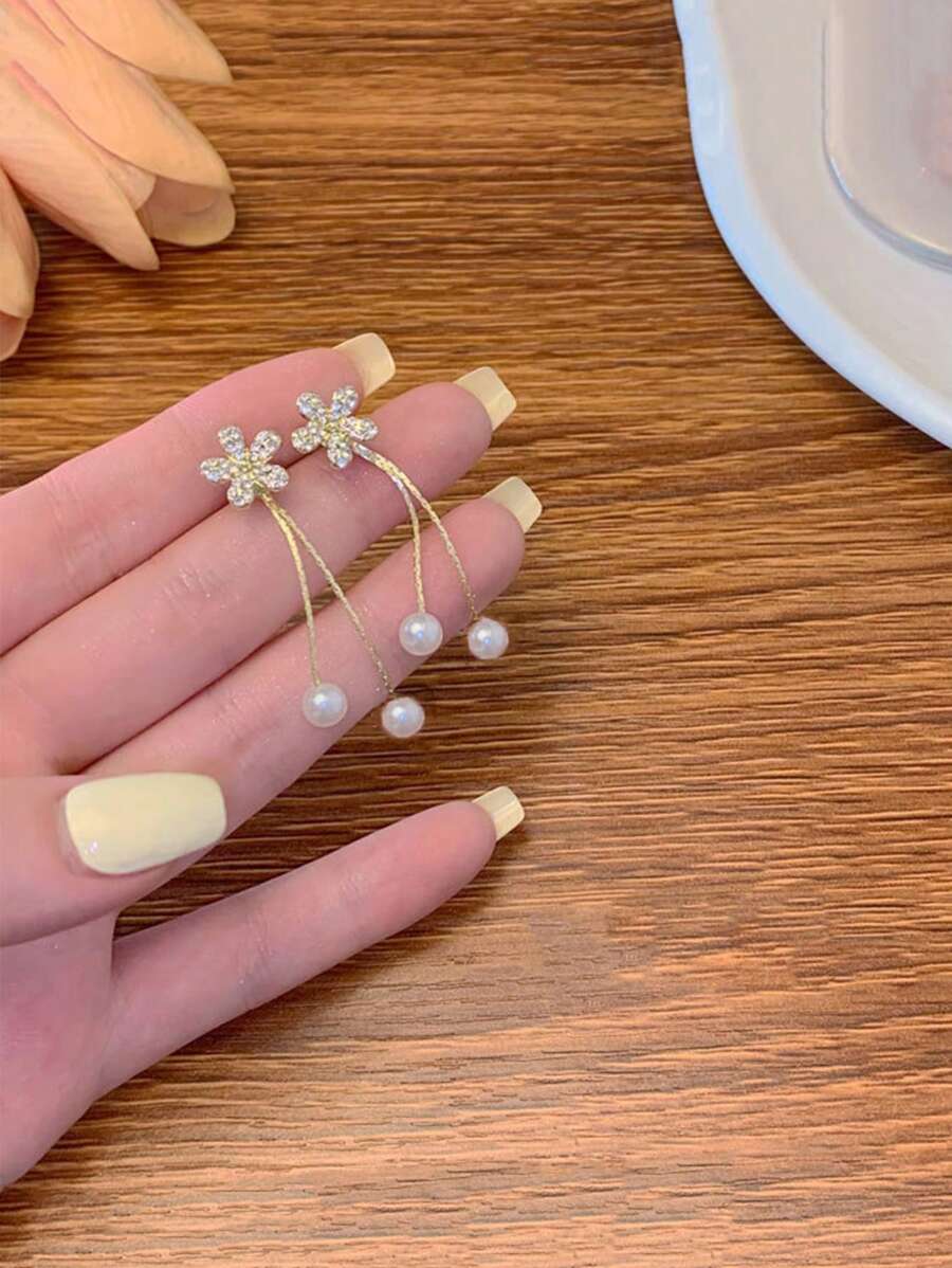 1 Pair Sparkle Of Two Faux Pearl Zirconia Flower Earrings, Tassel Pearl Earrings, Long And Elegant Earrings