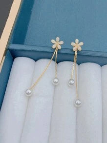 1 Pair Sparkle Of Two Faux Pearl Zirconia Flower Earrings, Tassel Pearl Earrings, Long And Elegant Earrings