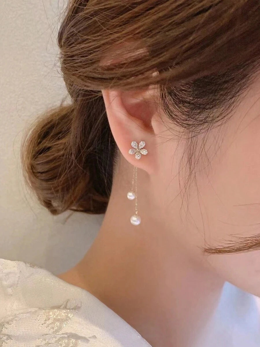 1 Pair Sparkle Of Two Faux Pearl Zirconia Flower Earrings, Tassel Pearl Earrings, Long And Elegant Earrings