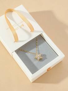 1pc Luxury Cubic Zirconia Star Pendant Necklace, Elegant Gift Box Packaging Suitable For Friends, (Random Gray Or Black Sponge Color In Gift Box)