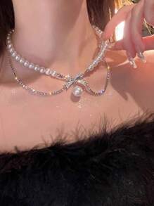 1pc Elegant Faux Pearl Beaded Bowknot Necklace, Fashion Accessory Necklace For Parties, Birthday Gift