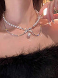 1pc Elegant Faux Pearl Beaded Bowknot Necklace, Fashion Accessory Necklace For Parties, Birthday Gift